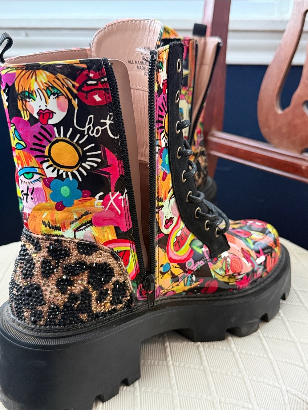 Betsey Johnson Black Pink Red Multi Floral Graphic Lace-Up Combat Boots - Picture 3 of 8